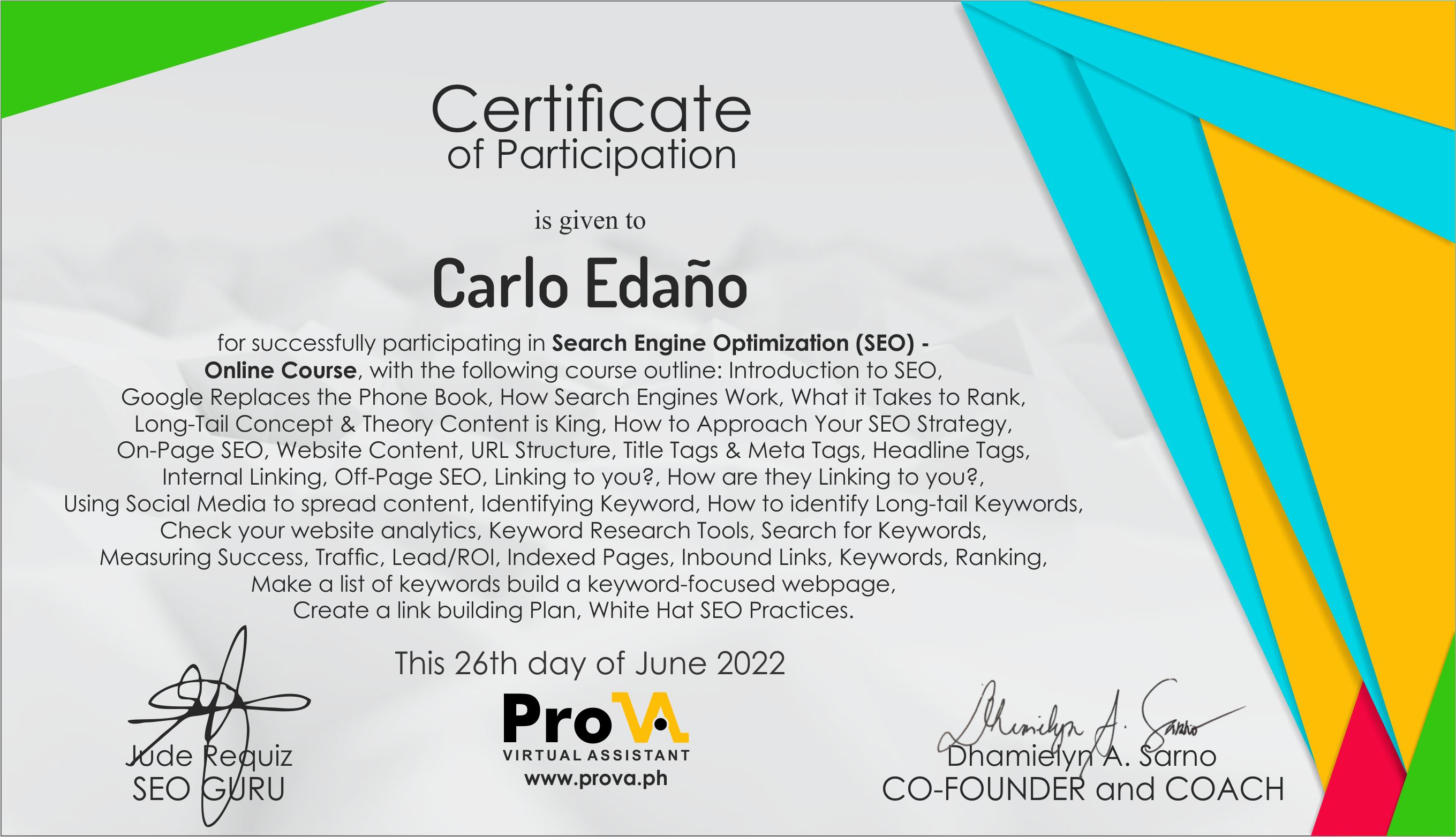 Search Engine Optimization - Certificate of Completion