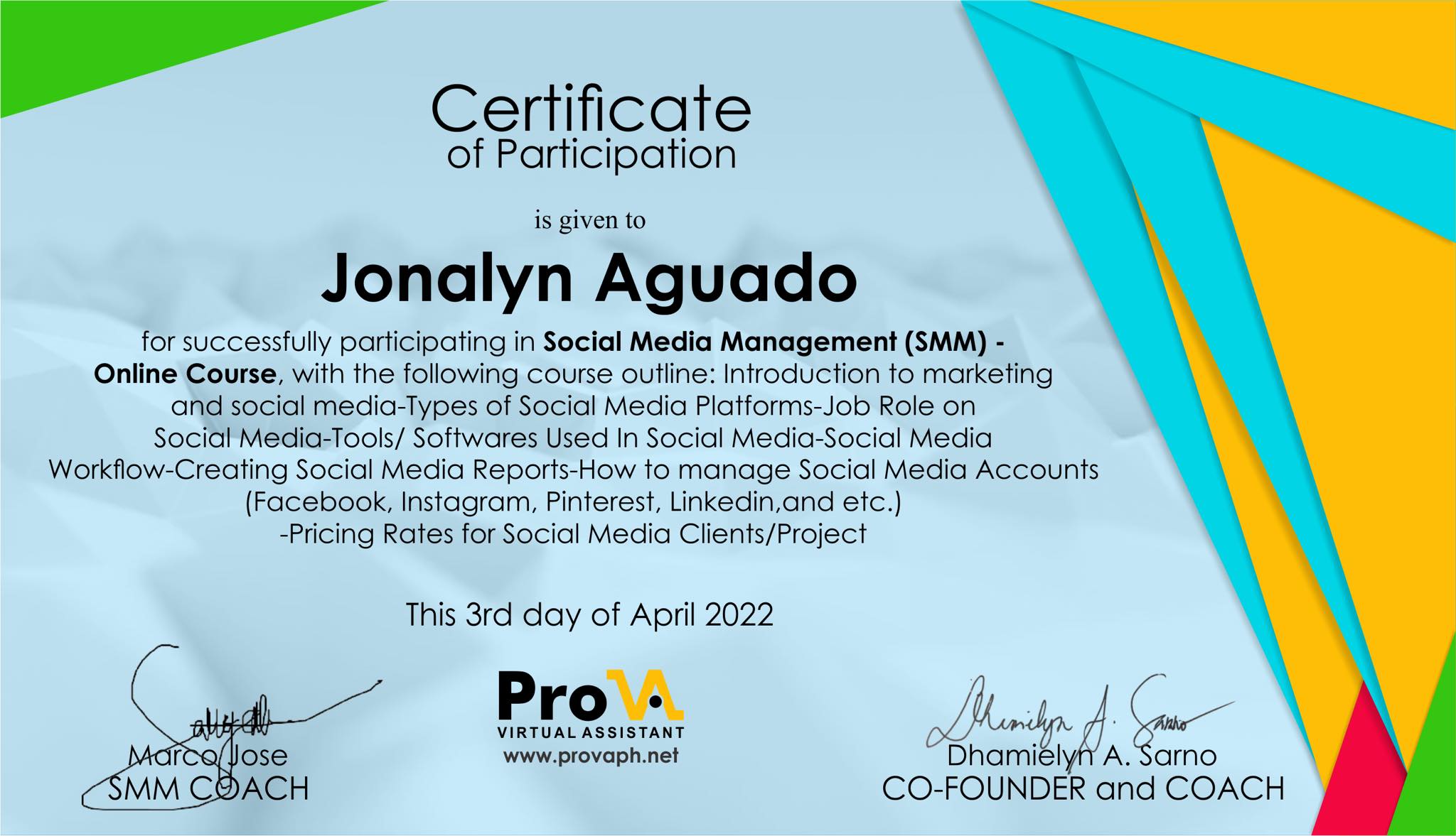 SMM - in depth Training Certificate