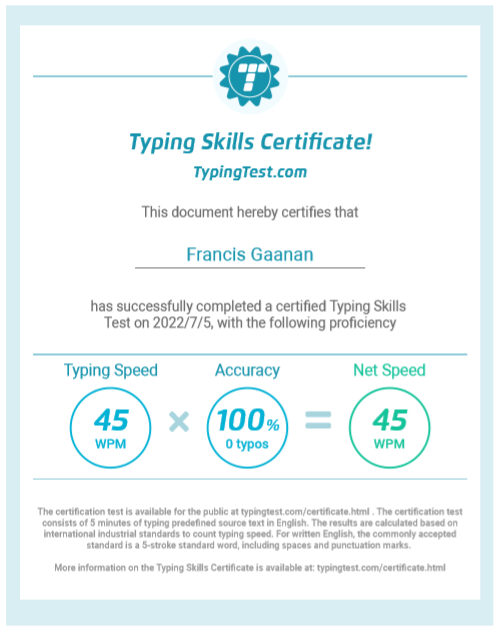 Typing Test Certificate