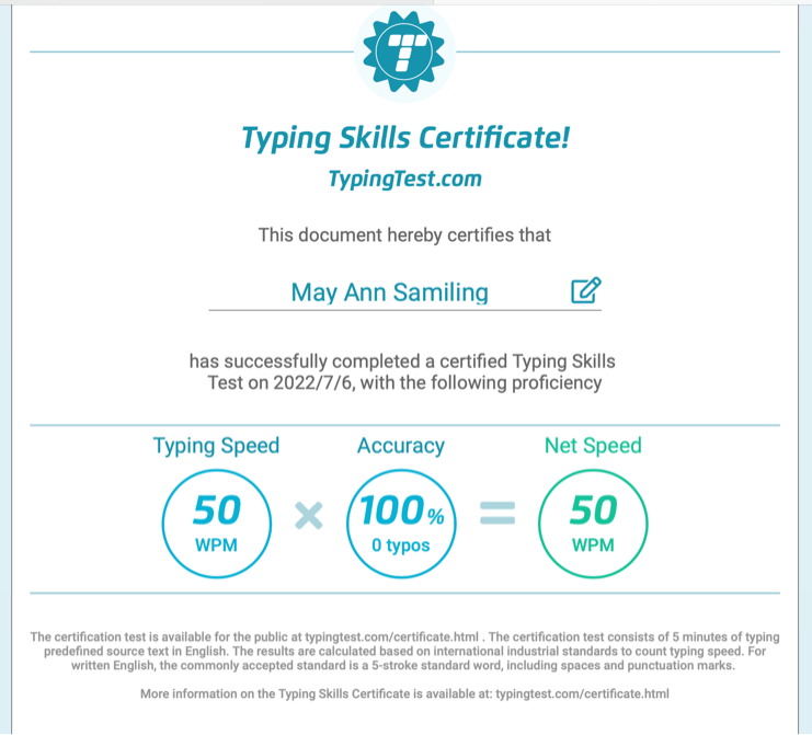 Typing Test Skills Certificate