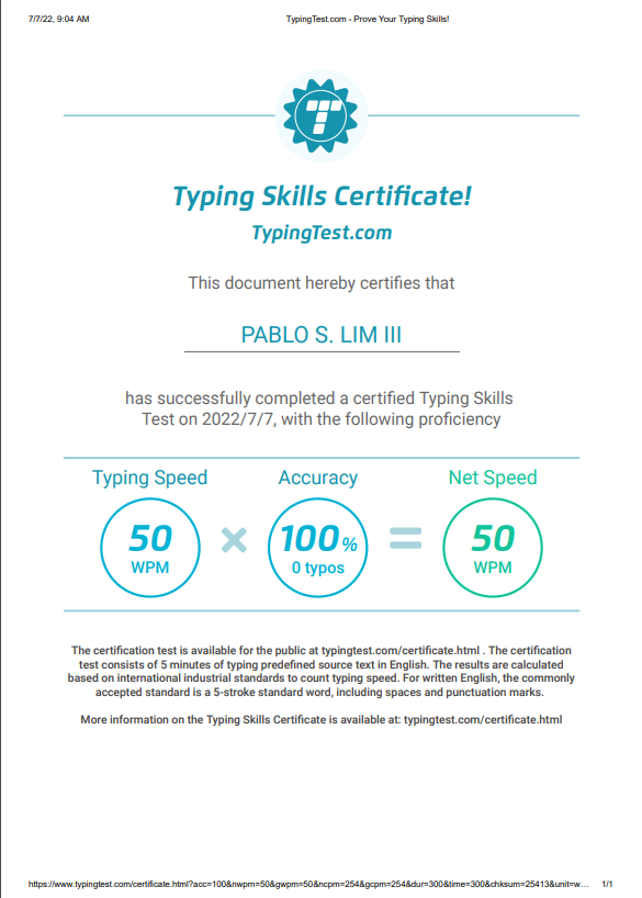 TYPING TEST CERTIFICATE