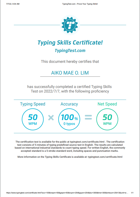 Typing Skills Certificate
