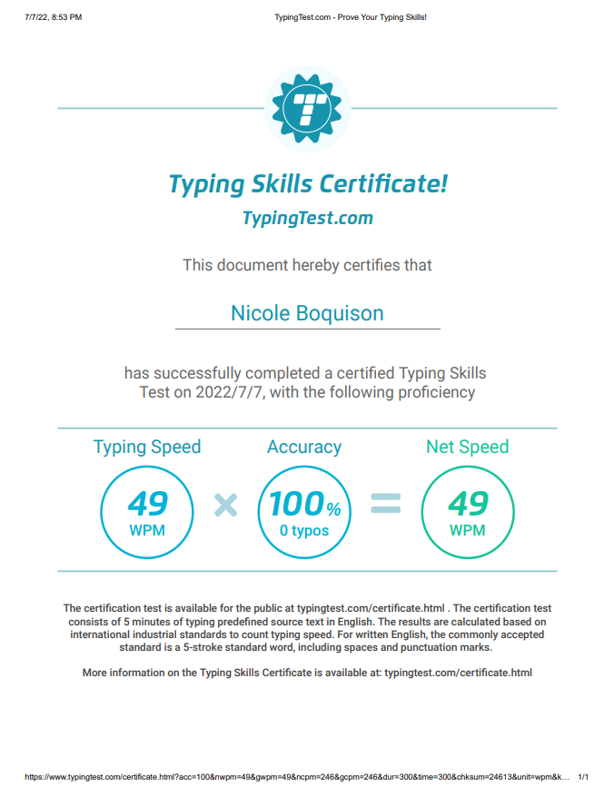 Typing Test Certificate