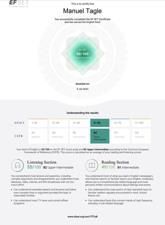 EF SET Certificate