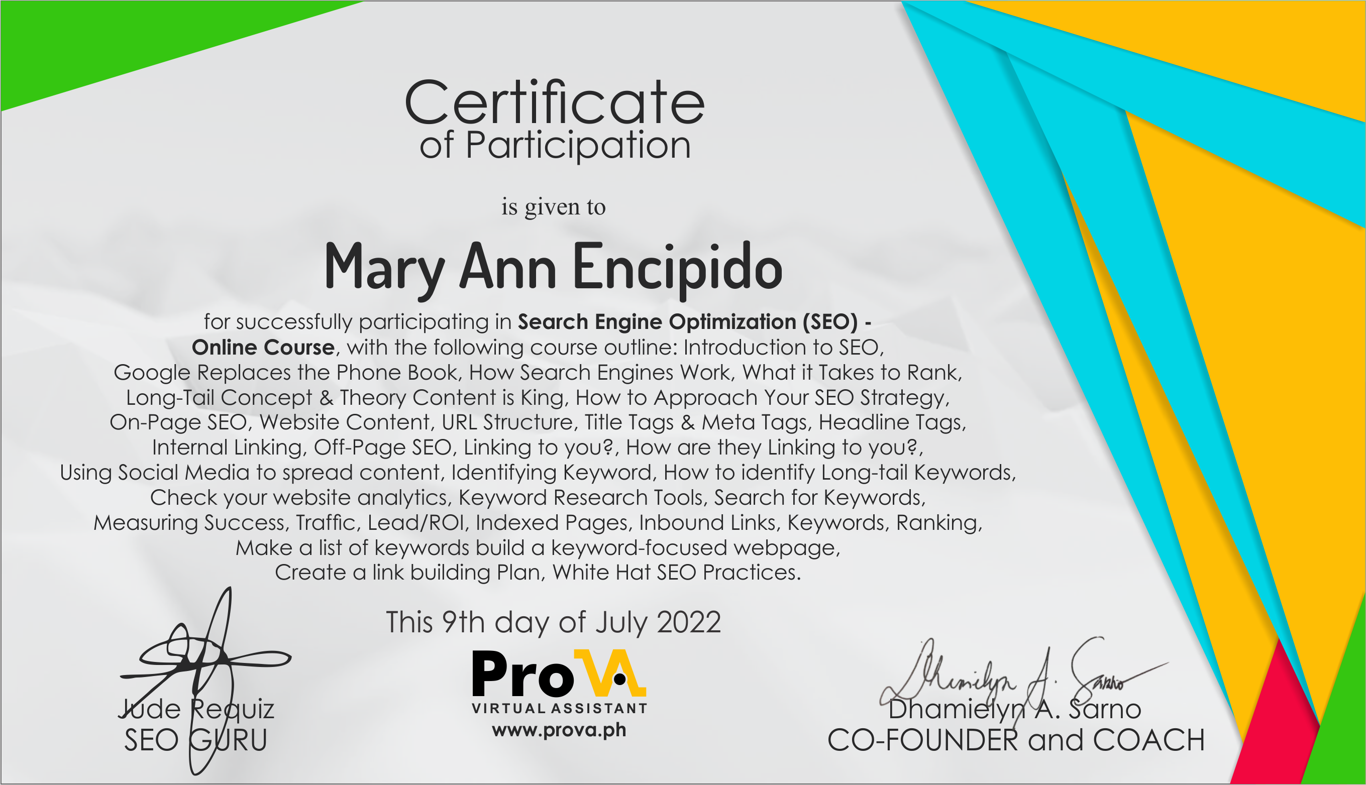 SEARCH ENGINE OPTIMIZATION  CERTIFICATE