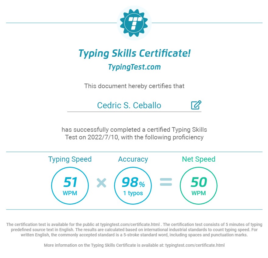 Typing Test Certificate