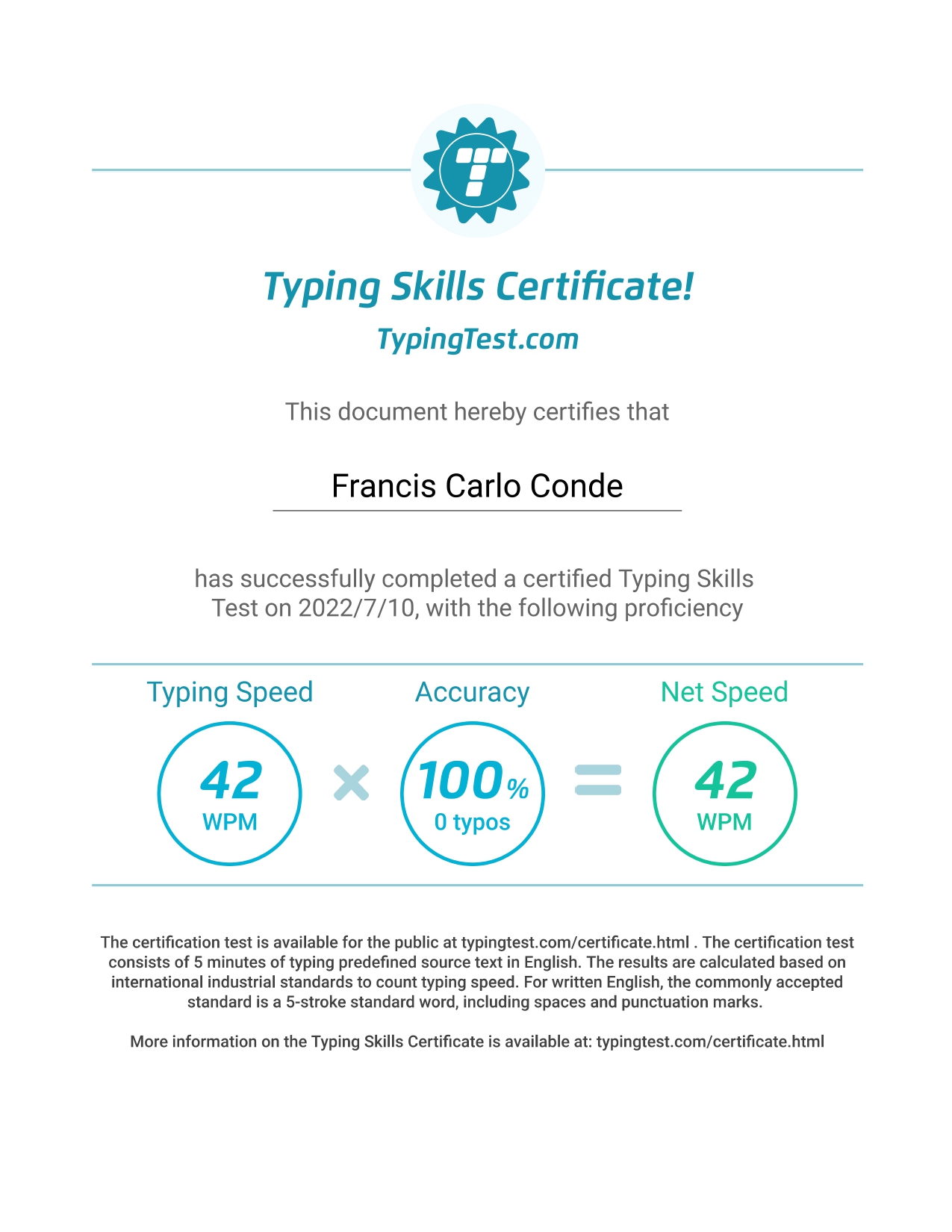 Typing Test Certificate