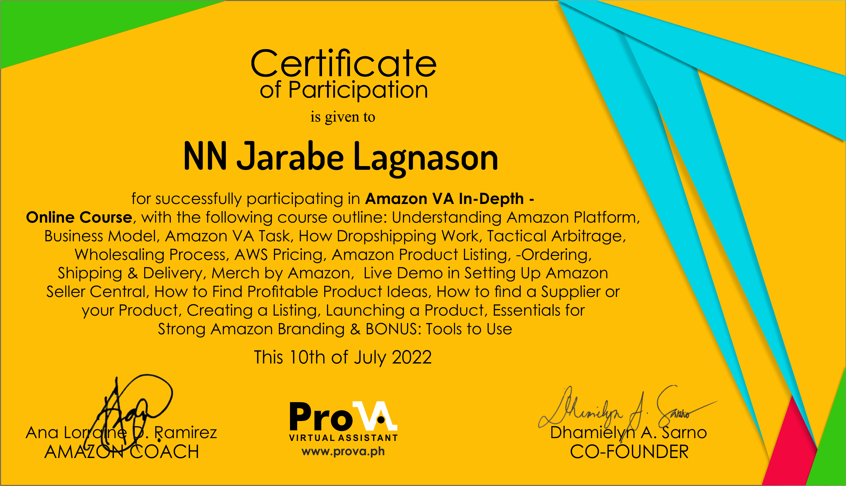 Certificate of Participation for Amazon VA Course