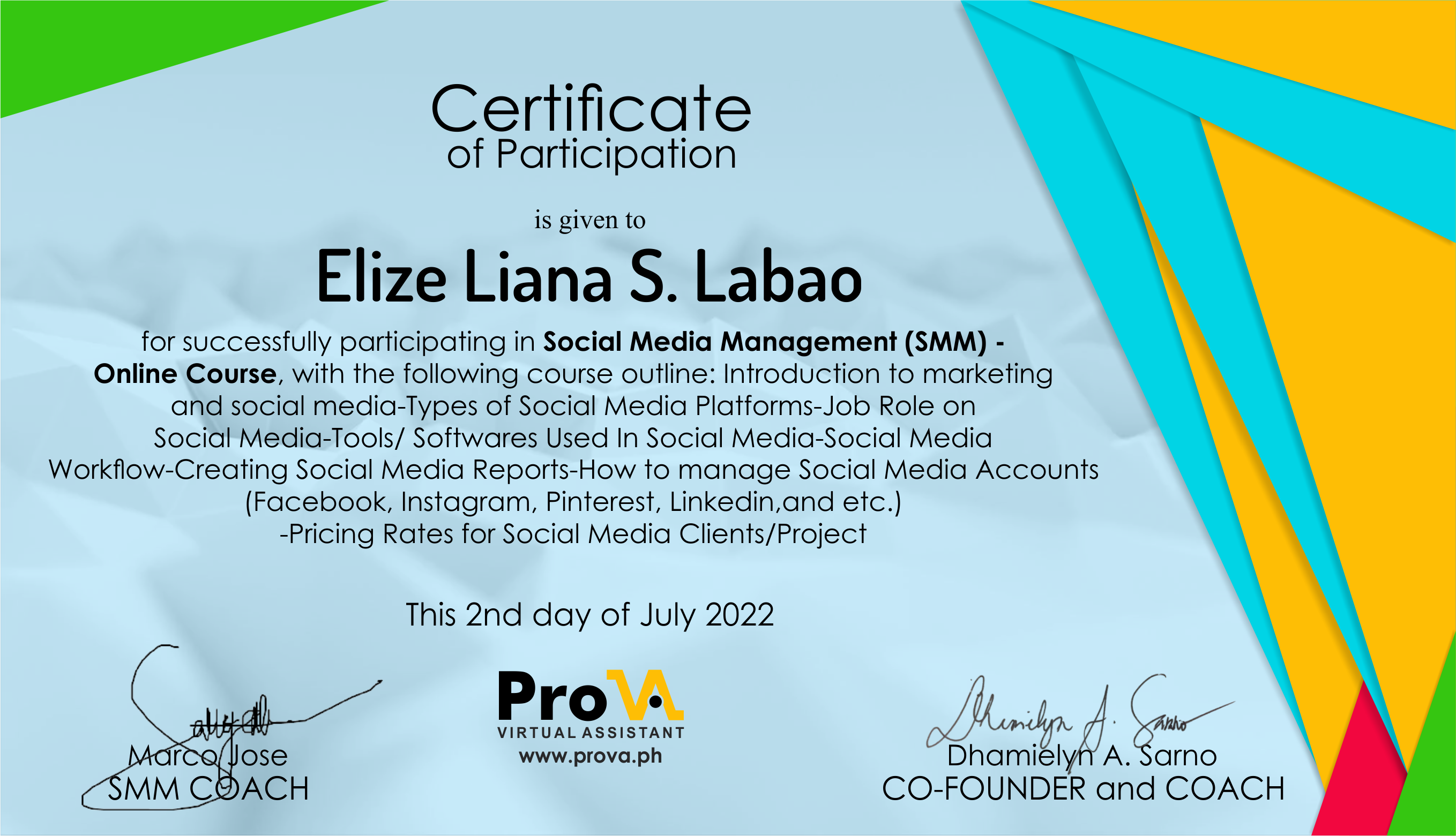 SMM ProVA Certificate