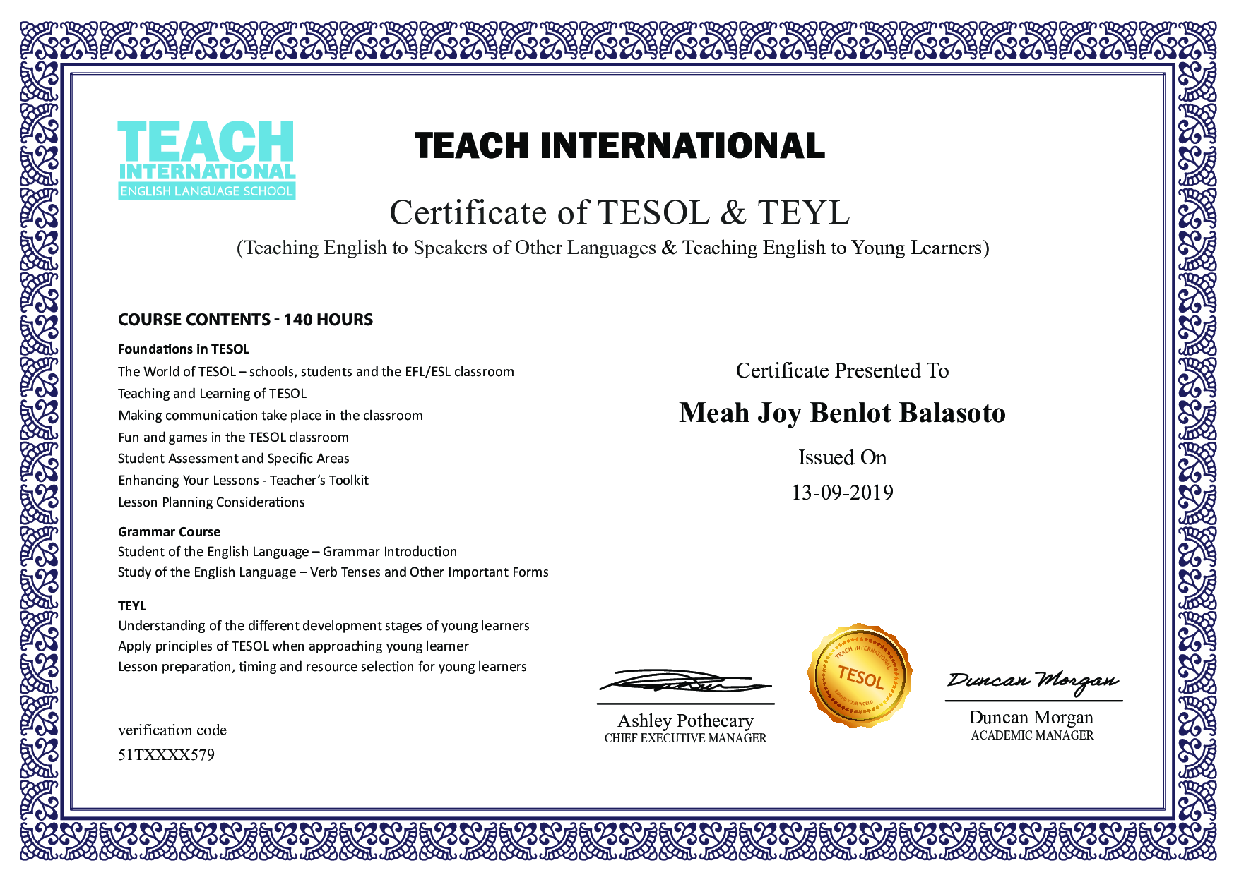 Certificate of TESOL & TEYL