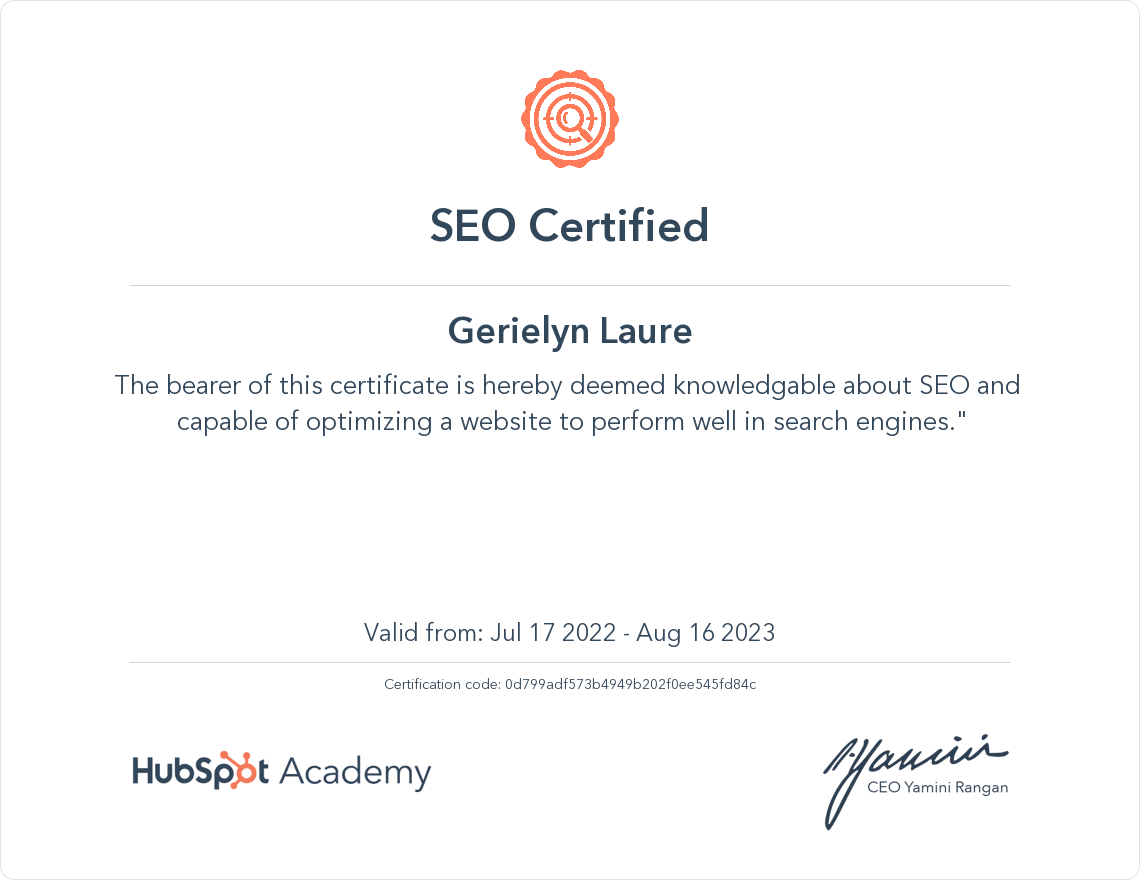 SEO Certificate from HubSpot Academy