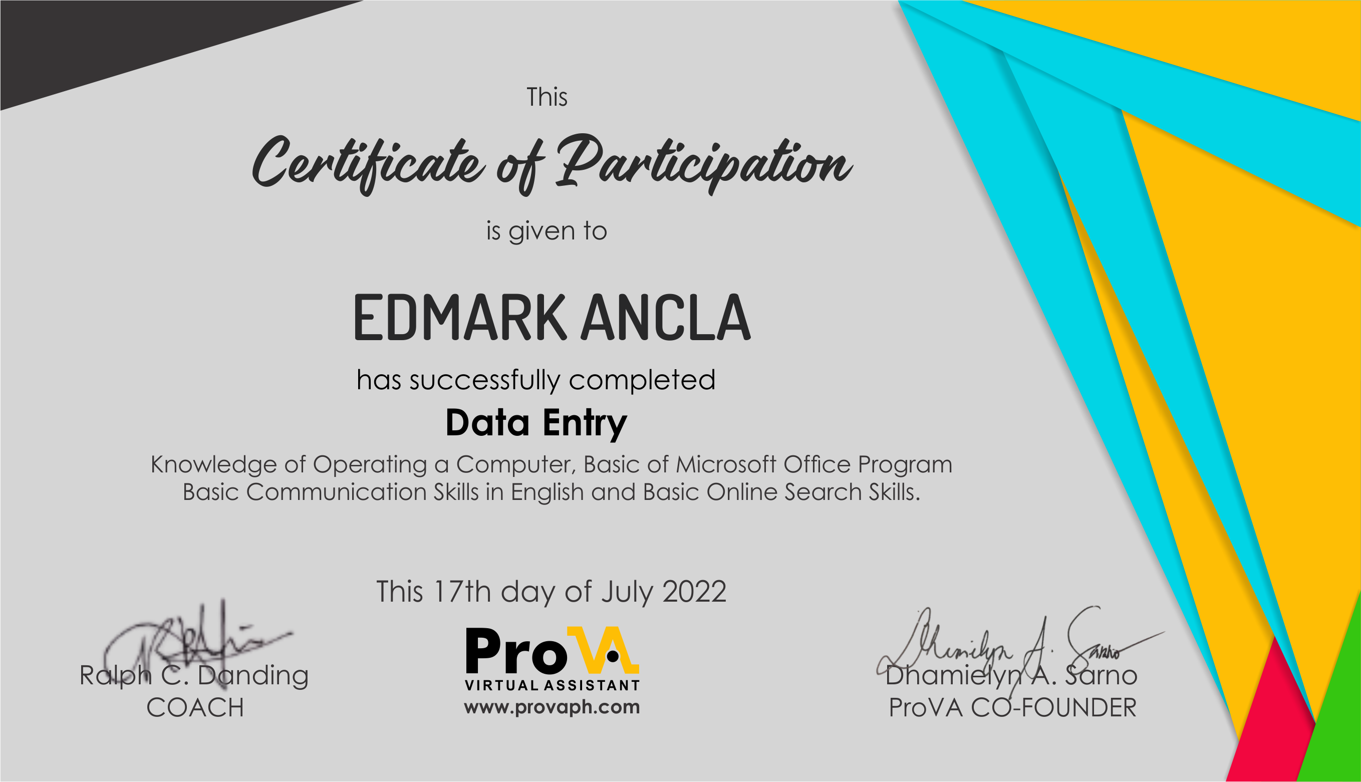 Data Entry Certification