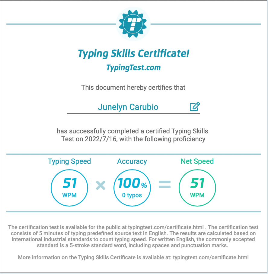 Typing Test Certificate