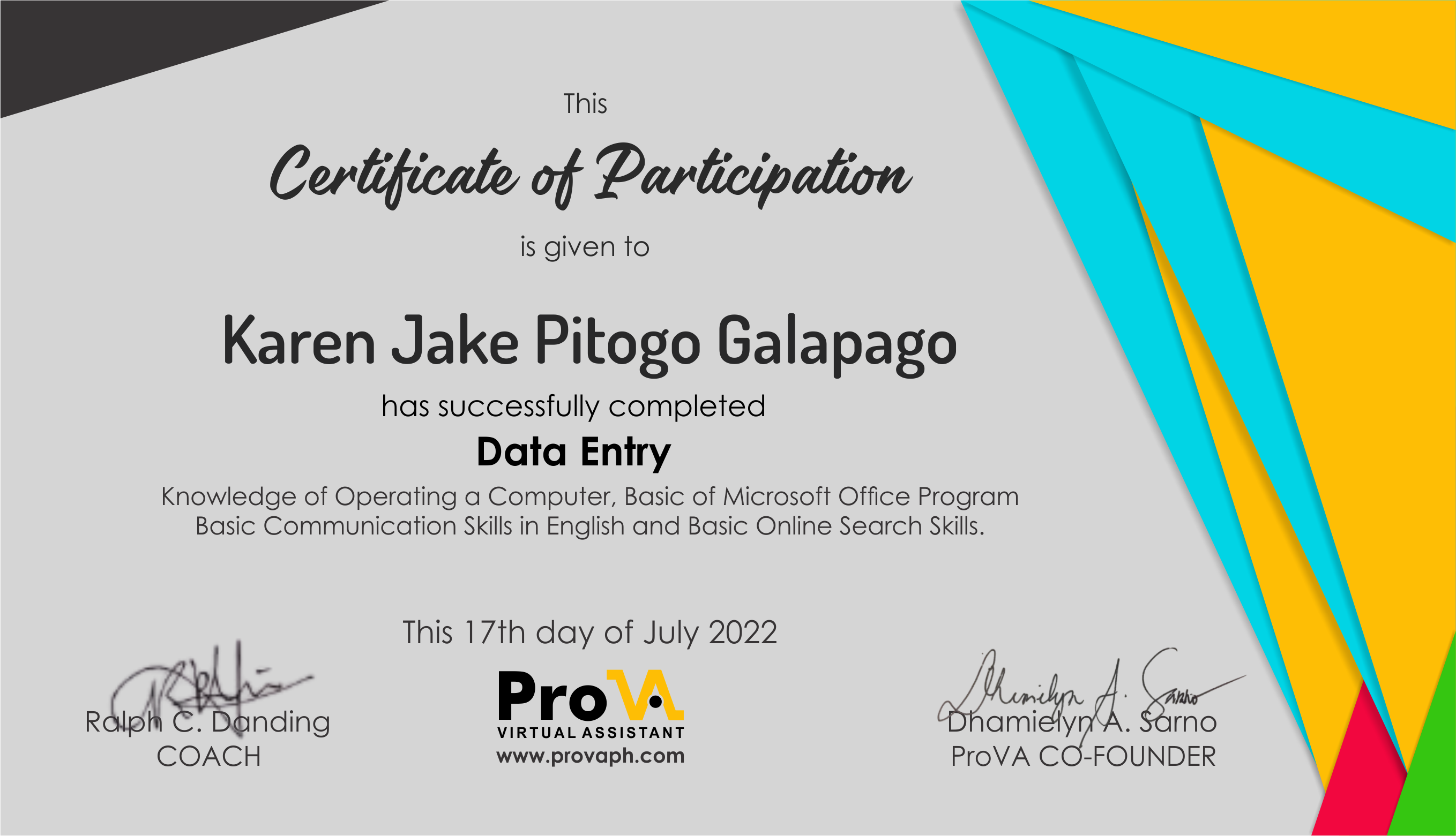 Data Entry Certificate