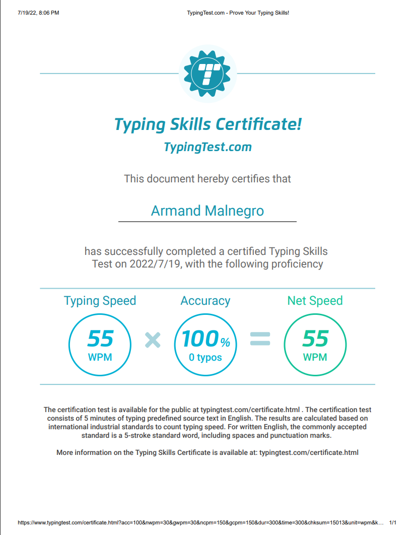 Typing Test Certificate