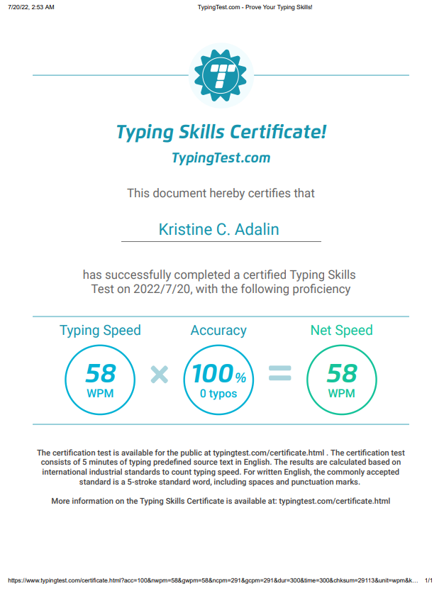 Typing Test Certificate