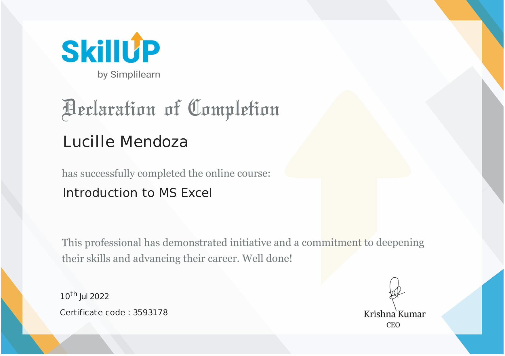 MS Excel Training Certificate