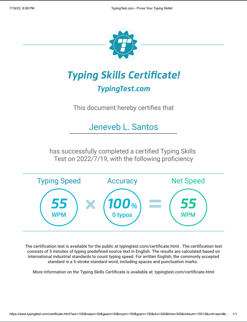 TYPING TEST CERTIFICATE