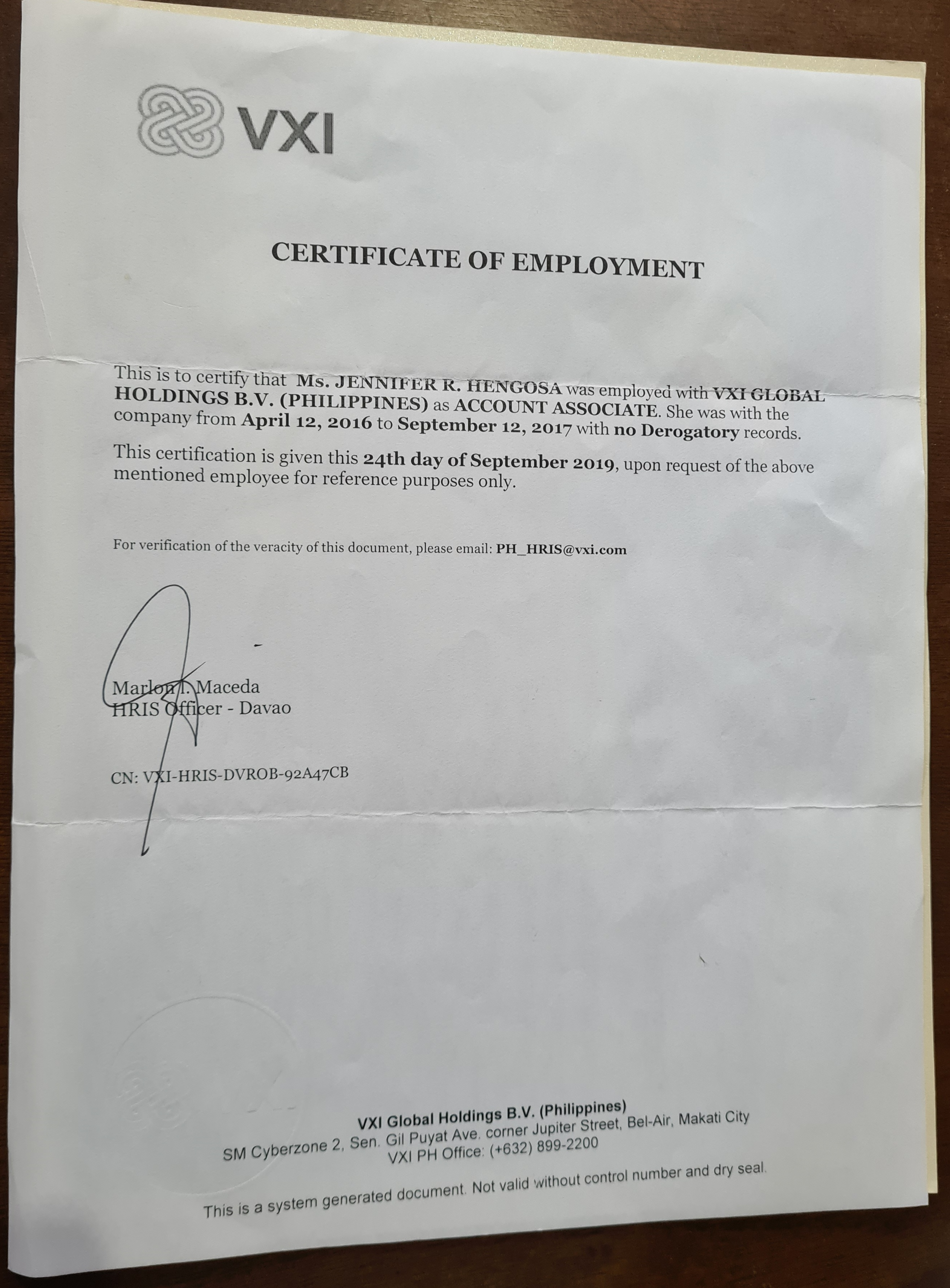 VXI Certificate