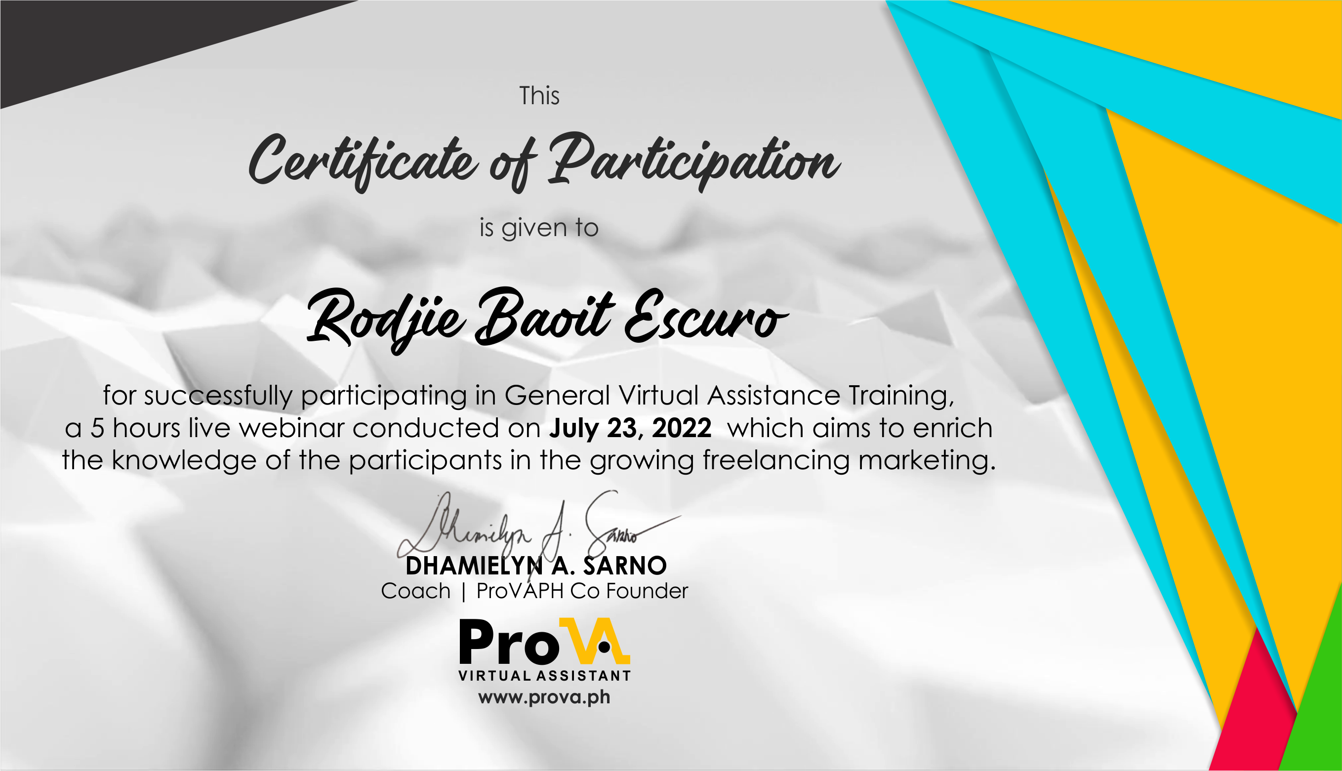 General Virtual Assistant cert Rodjie Escuro