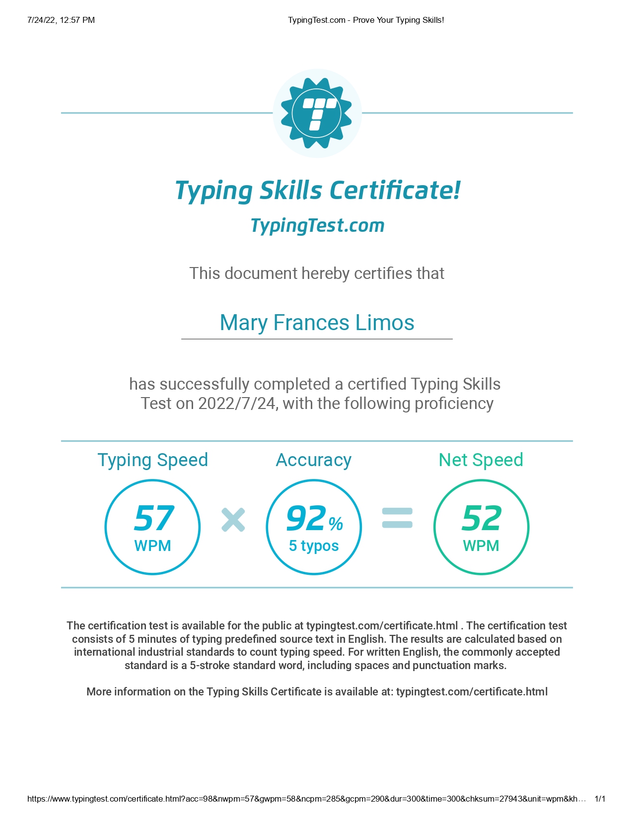 Typing skills Certificate