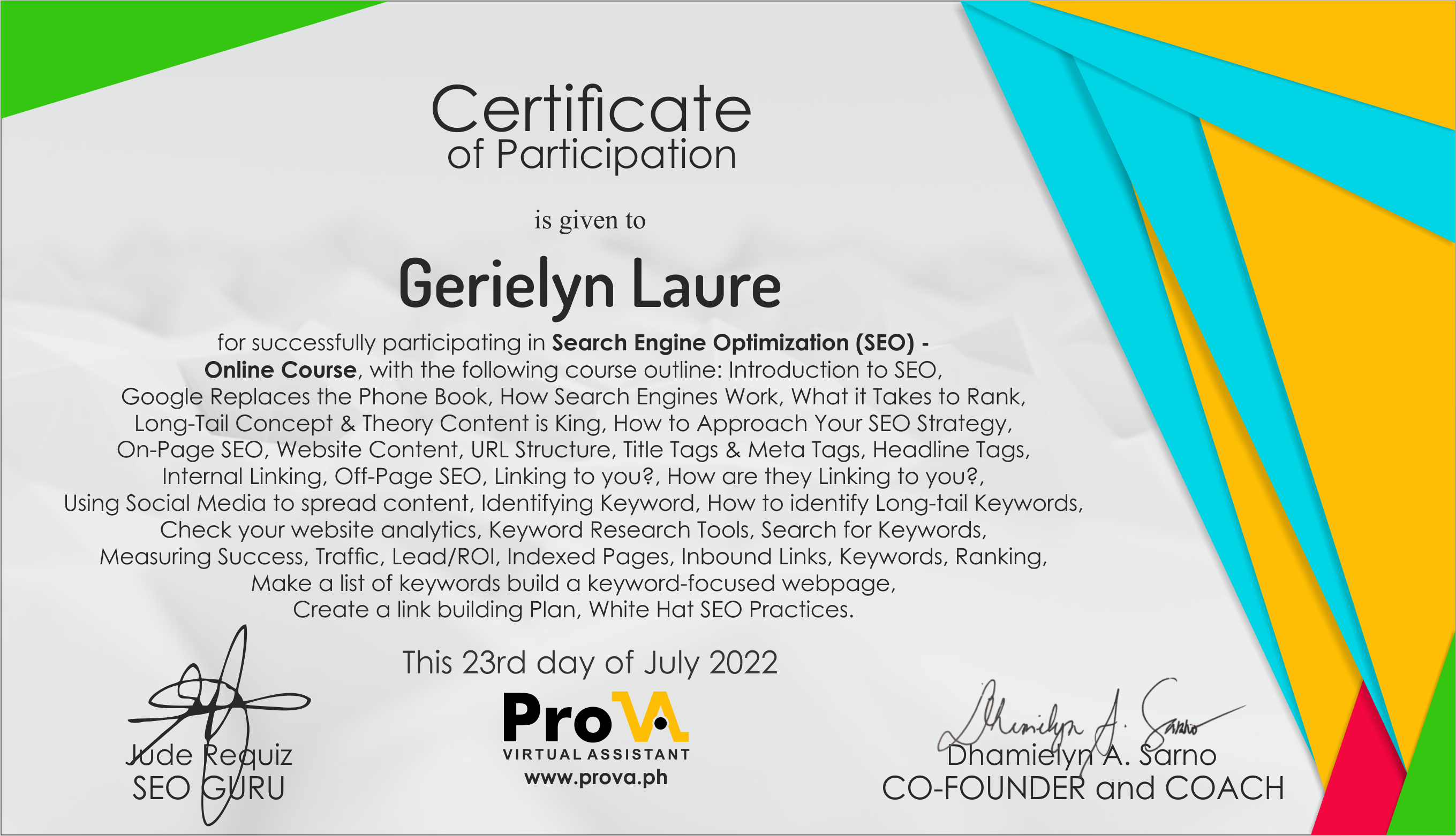 SEO Certificate from ProVA PH