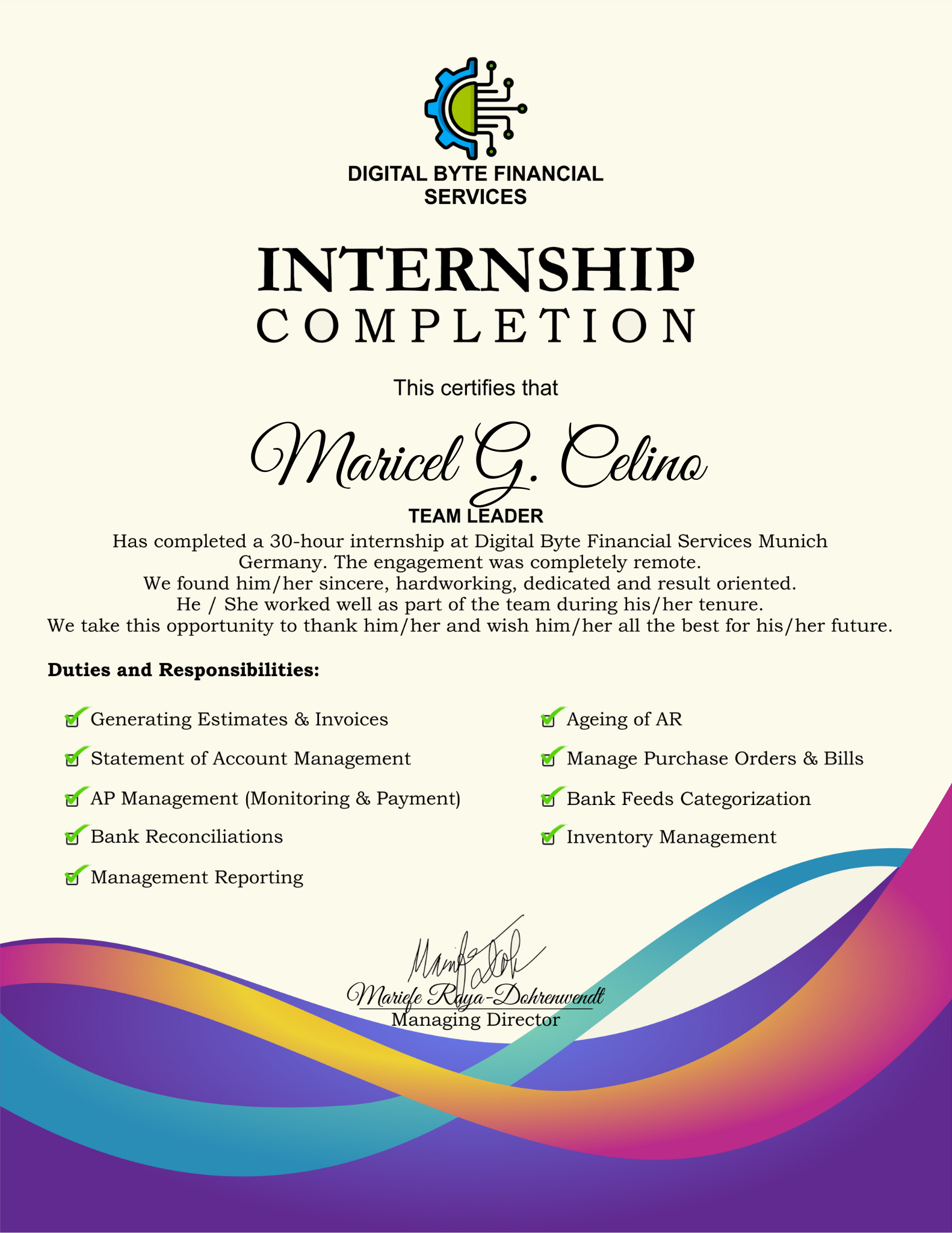 Bookkeeping Internship Certificate