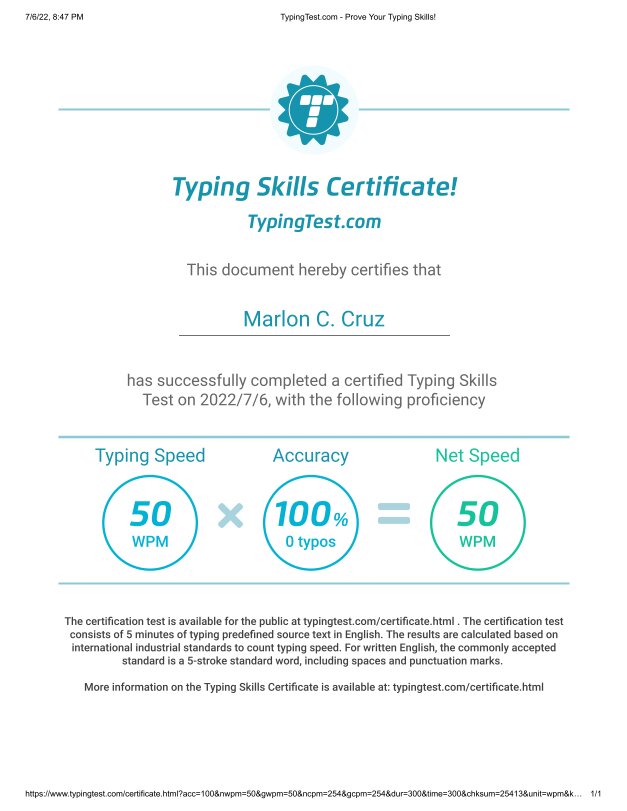 Typing Skills Certificate