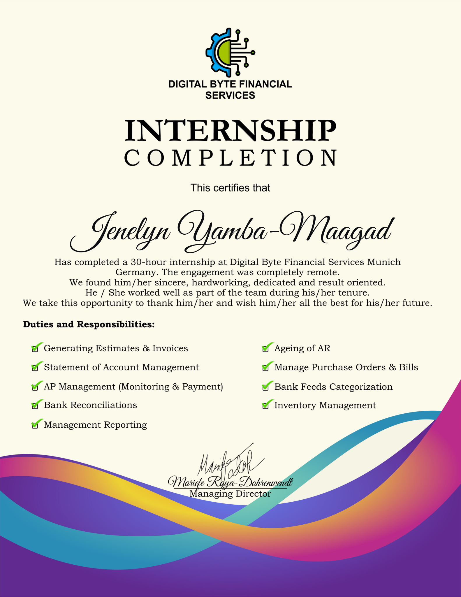 Bookkeeping Internship Certificate of Completion