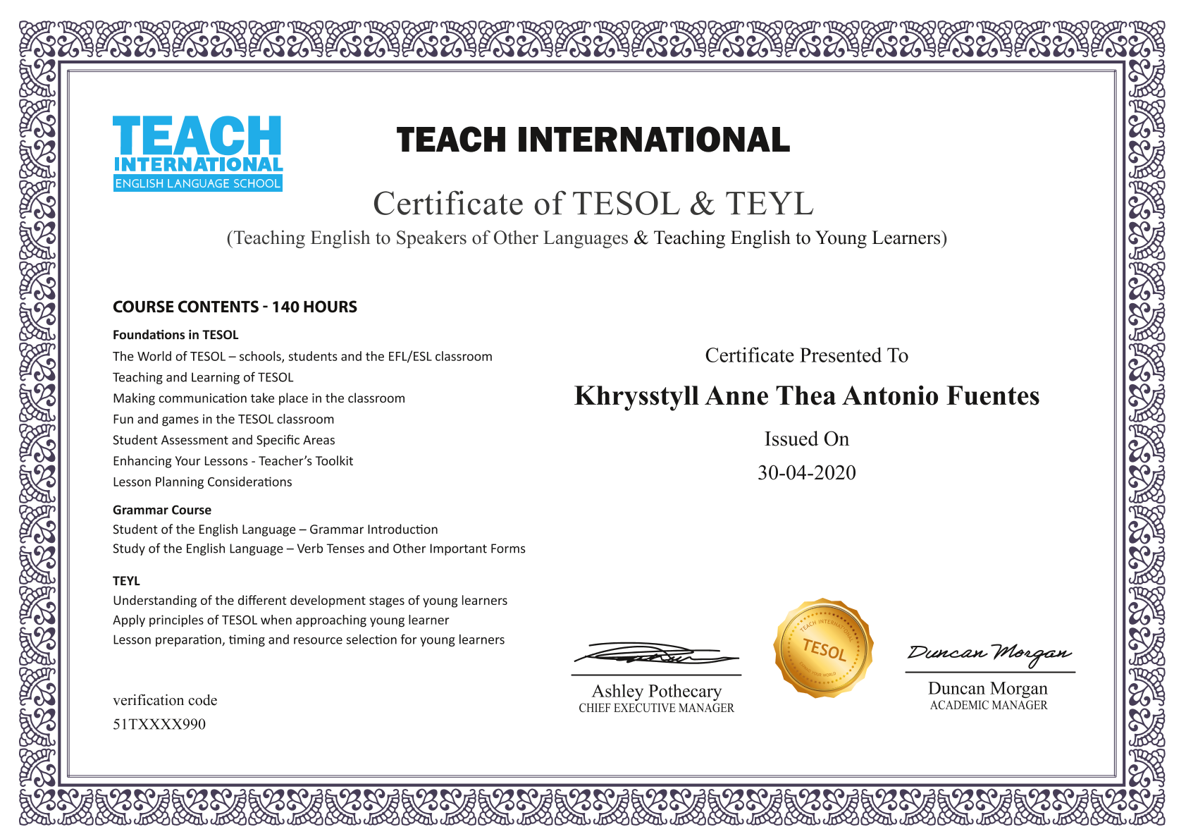 Certificate of TESOL & TEYL