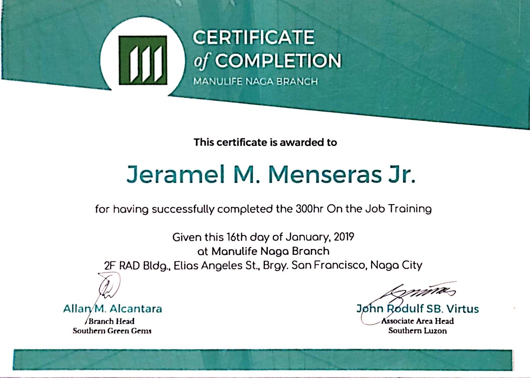 Manulife OJT Completion