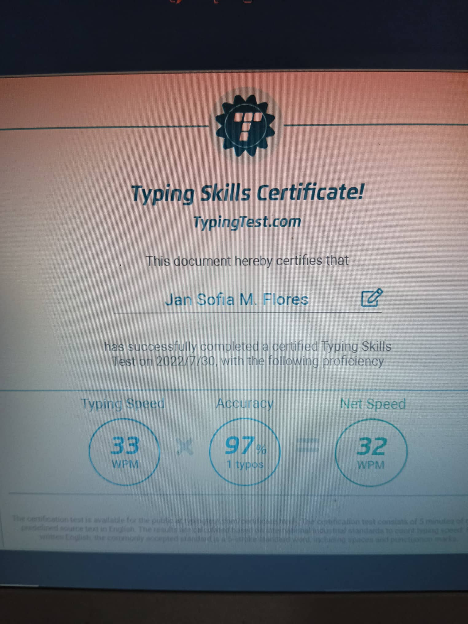 Typing Test Certificate