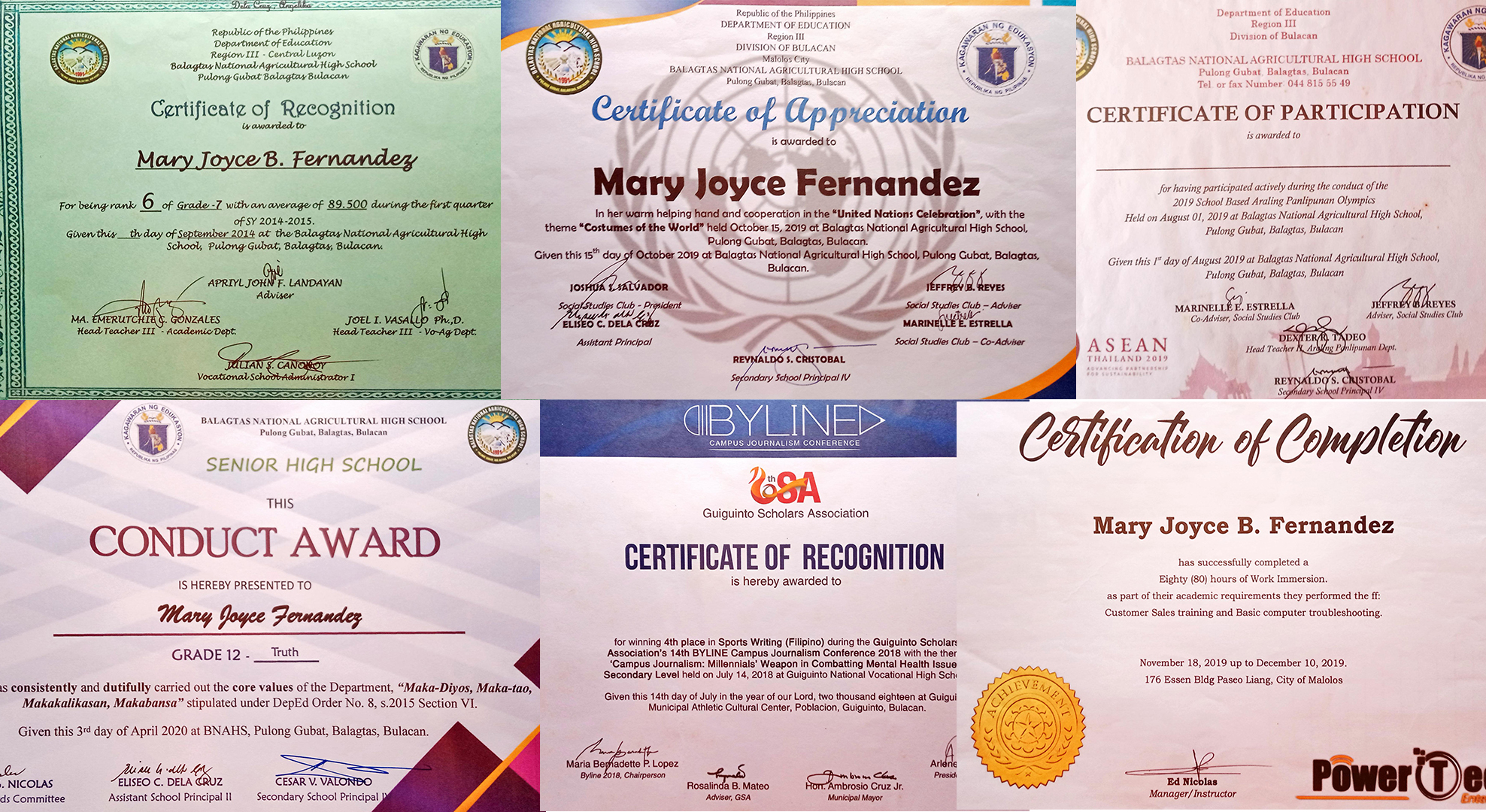 Academic Excellence Award * Conduct Award * 4th Placer - Sportswriting * Work Immersion Certificate