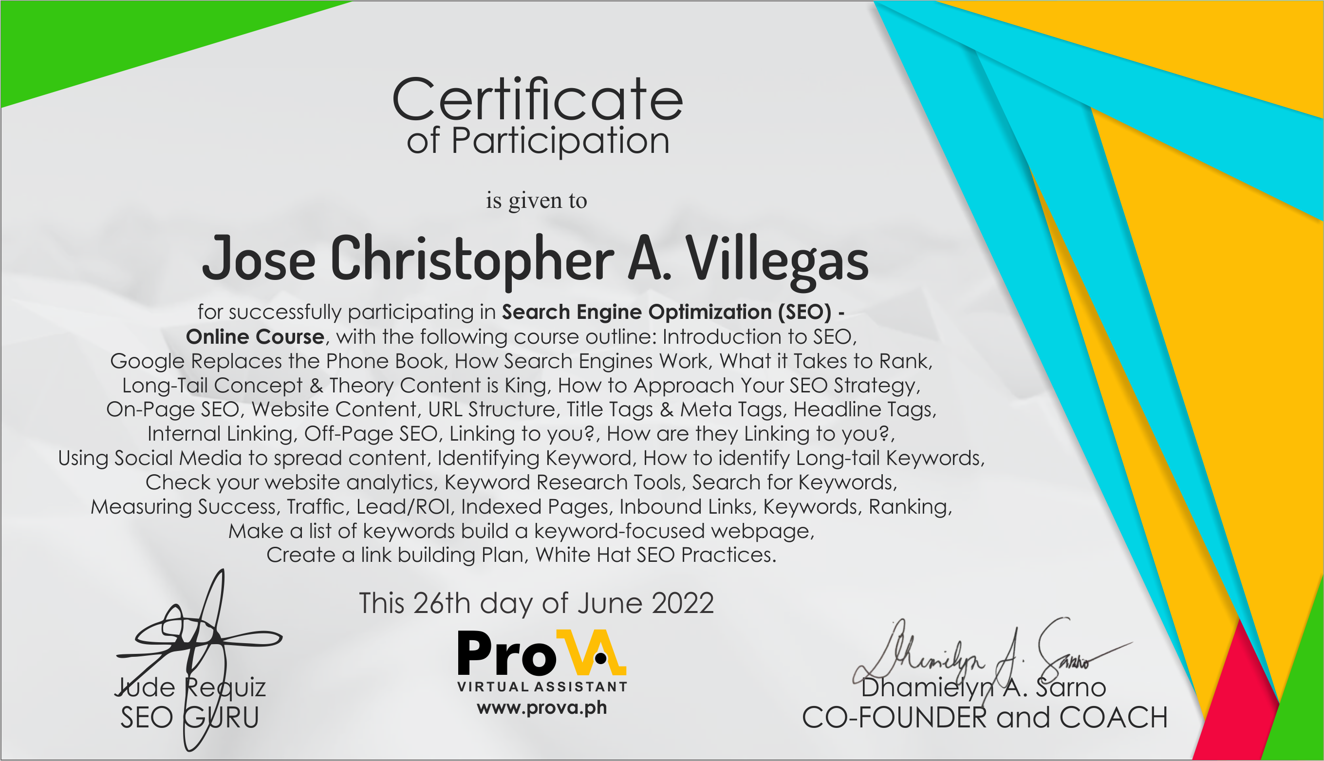 PRO VA - SEO IN-DEPTH TRAINING CERTIFICATE