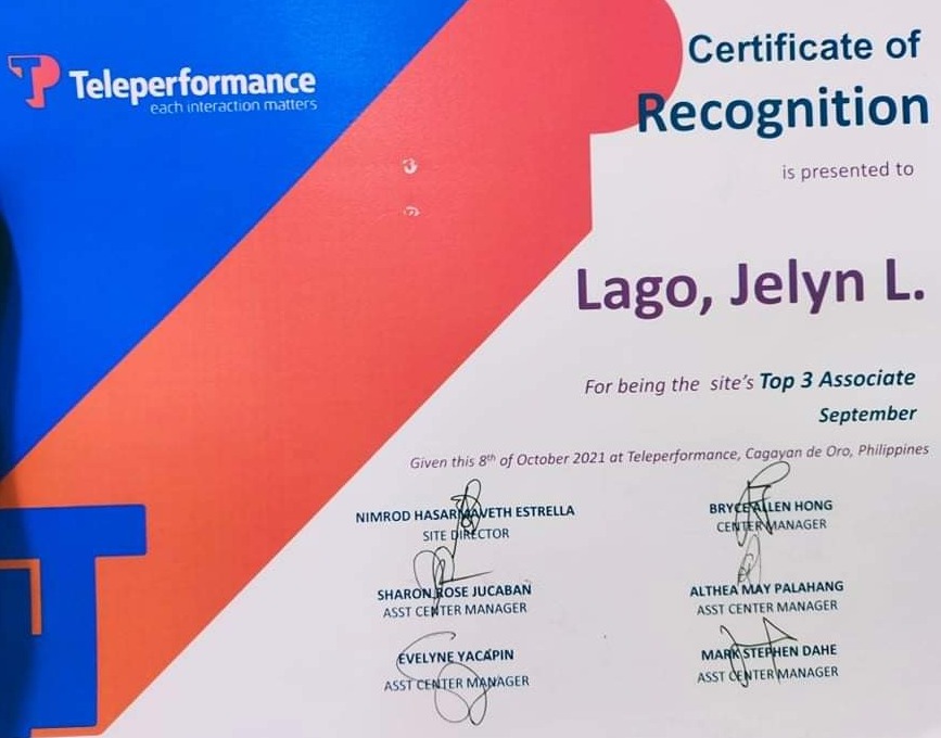 Certificate of Recognition as Top Associate in Teleperformance