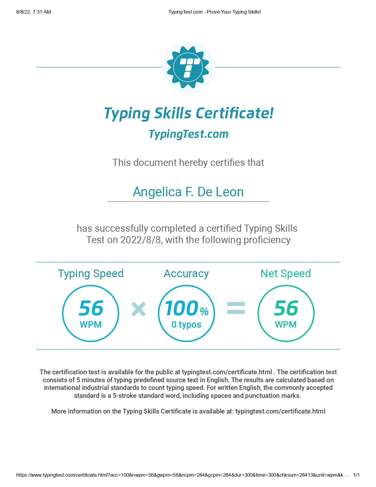 Typing Test Certificate