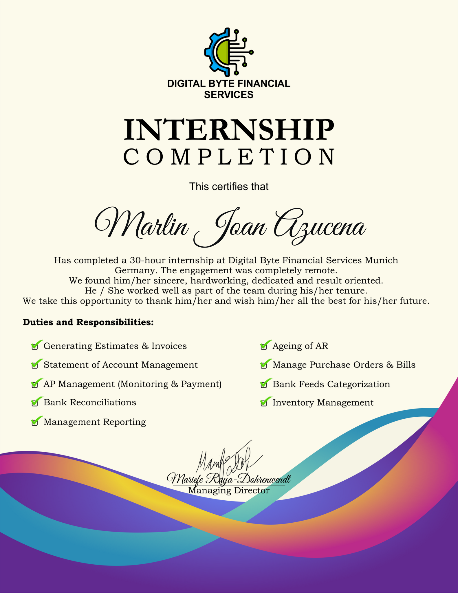 Bookkeeping Internship Certificate