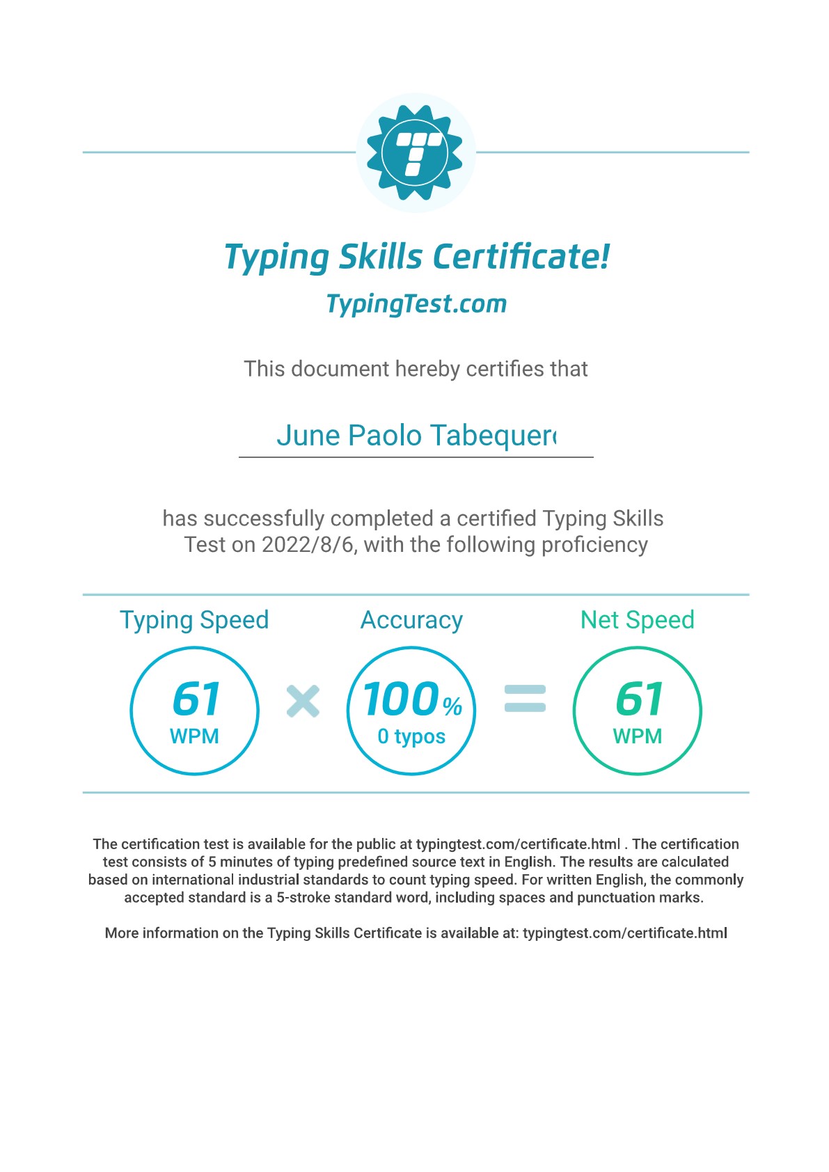 Typing Test Certificate