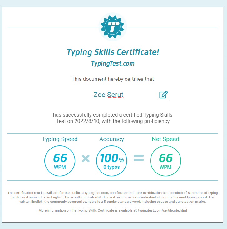 Typing Test Certificate