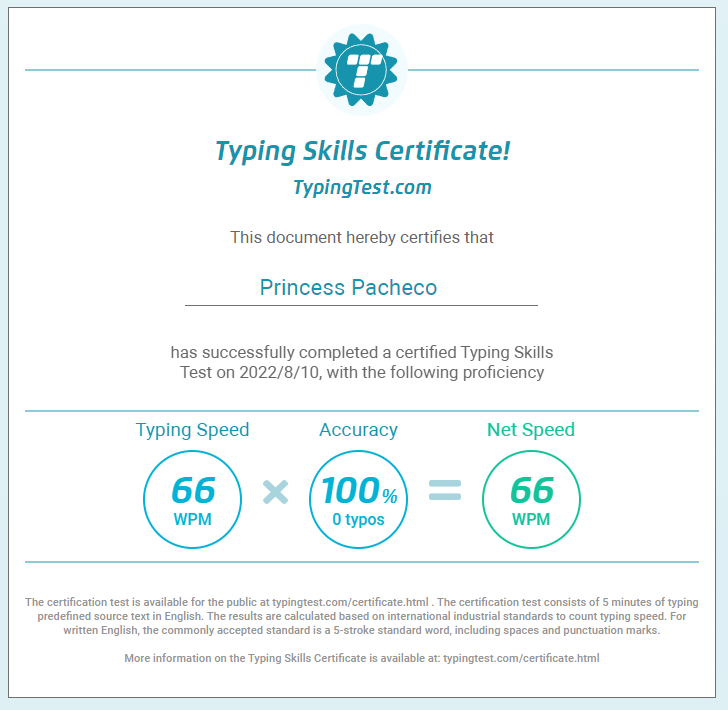 Typing Skills Certificate