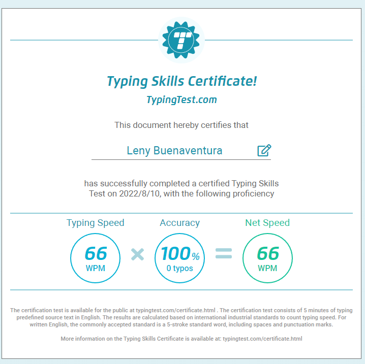 Typing Certificate