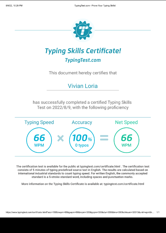 Typing Speed and Accuracy Certificate