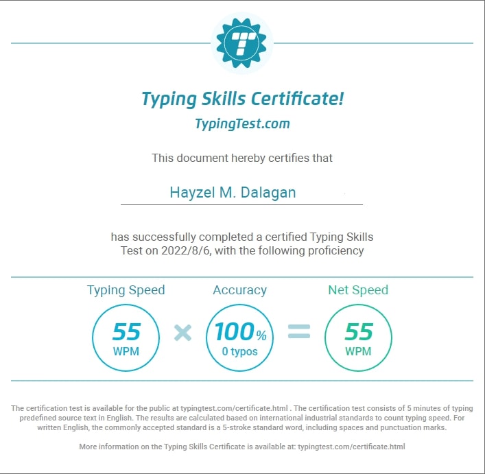Typing skills certificate