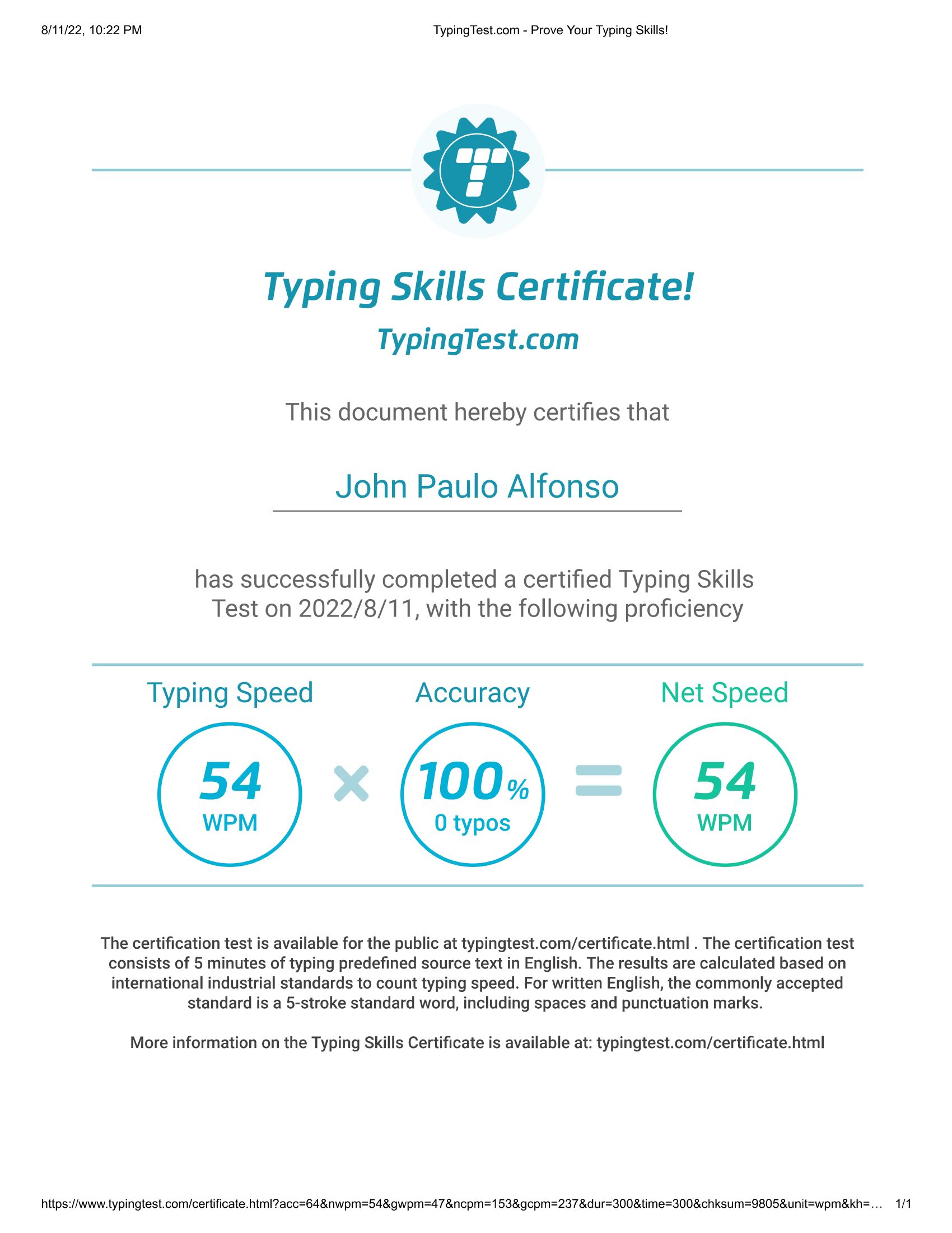 Typing Test  Certificate