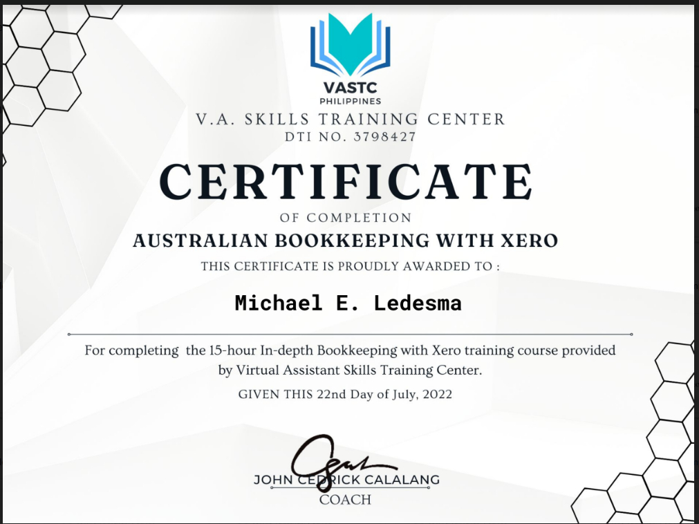 Training certificate in Xero