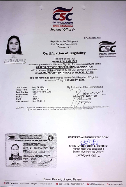 Certificate of Eligibility