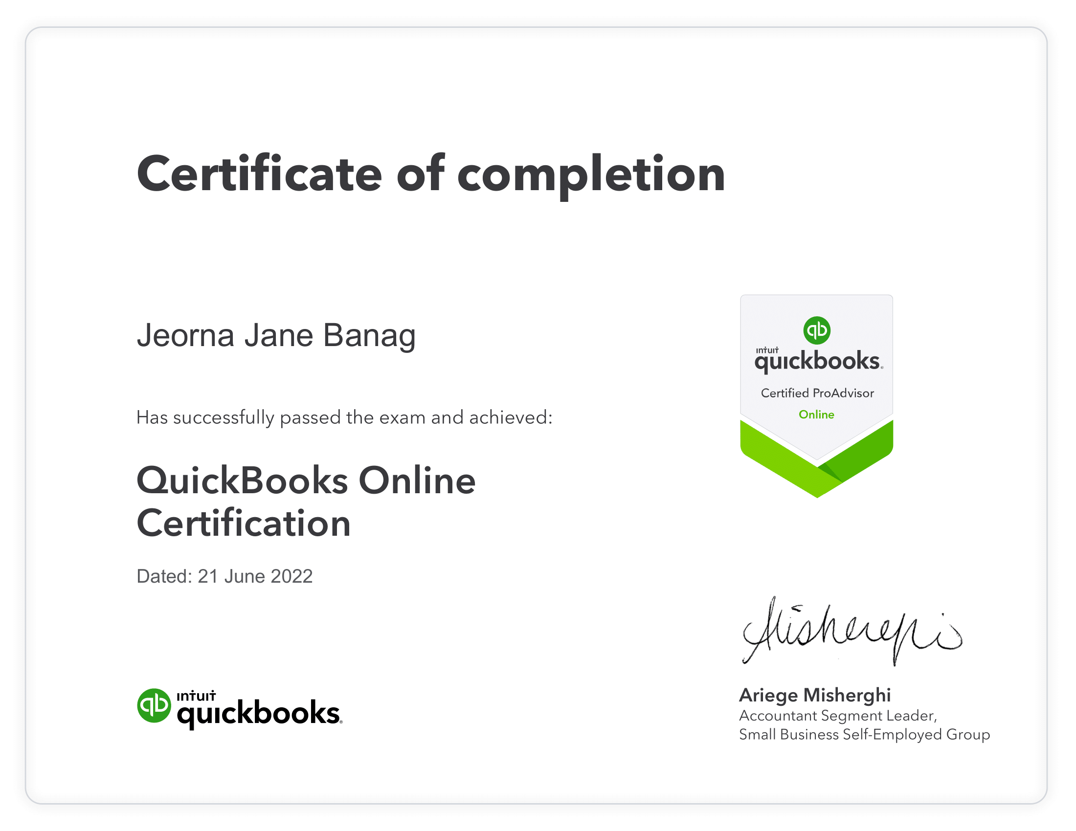 Quickbooks  Pro Advisor Online Certification