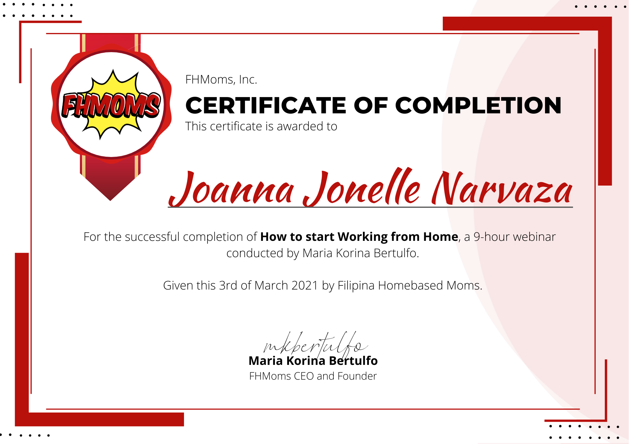 Certificate of Completion " Working From Home Webinar "