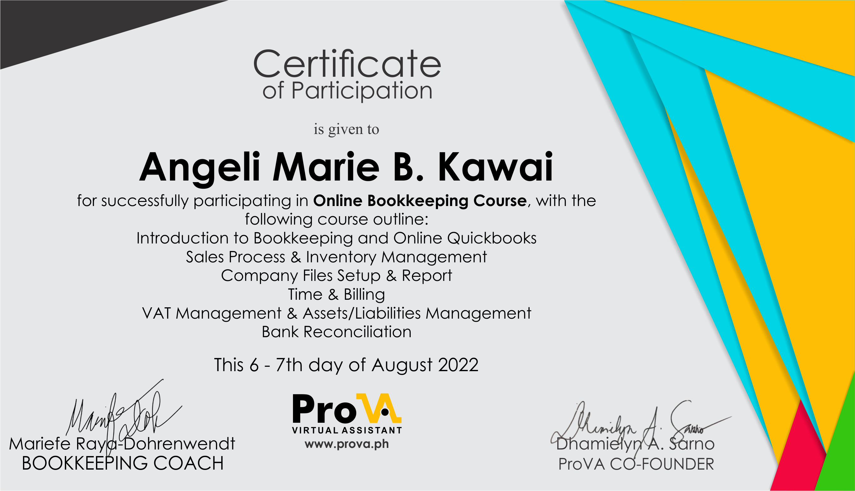 Online Bookkeeping Course Certificate