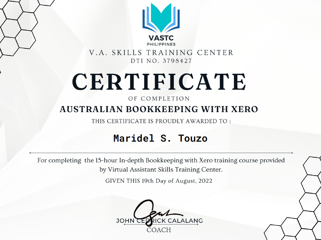 Certificate for Australian Bookkeeping with Xero